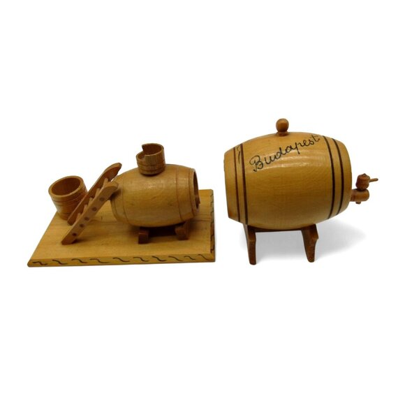 Miniature WOODEN BARREL Set with Grape Design Hungary Vintage - Picture 2 of 10